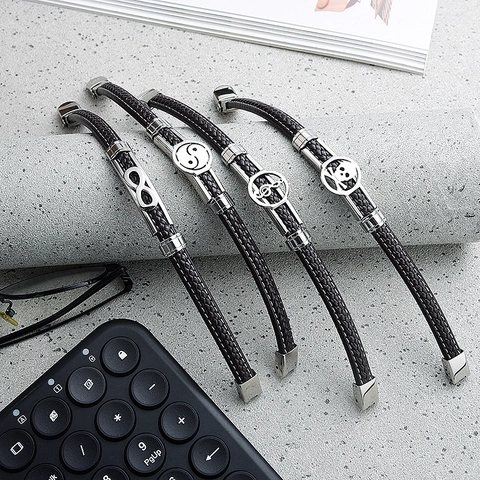 Pulsera De Cuero Trenzado Para Hombre Con Amuleto Símbolo De Infinito Calavera Yin Yang De Acero Inoxidable Joyería