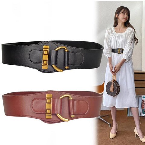 Cinturón De Corsé Ancho Para Mujer Cuero Sintético Cintura Elástica Retro Hebilla De Aleación Decoración Para Vestidos Suéteres