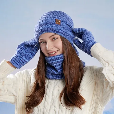 Women Winter Beanie Neck Warmer Gloves Knitted Acrylic Polyester Fleece Lined Thermal Touchscreen Outdoor Mixed Color