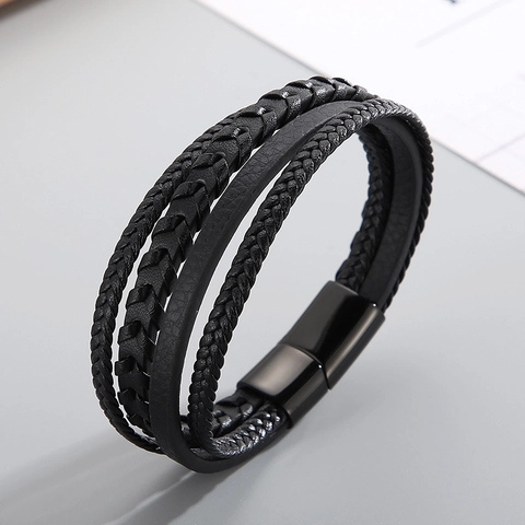 Pulsera De Cuero Trenzado Multicapa Para Hombre Con Cierre Magnético De Acero Inoxidable Moda Punk Rock Negro