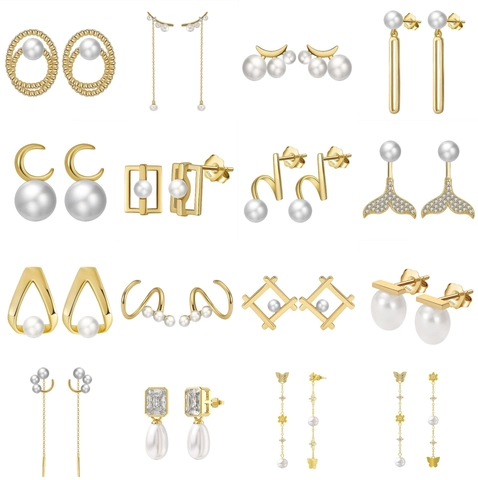 925 Sterling Silver Freshwater Pearl Earrings For Women Elegant Gold Plated Rhinestone Stud Drop Dangle Earrings Jewelry