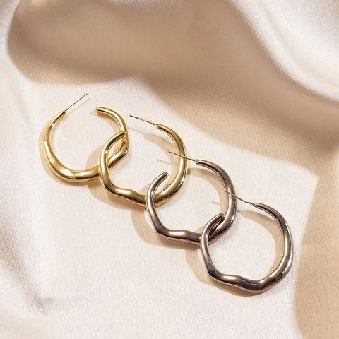 Irregular Geometric Hoop Earrings With Stainless Steel Post Wavy Liquid Metal Style High Polish Alloy Jewelry Women
