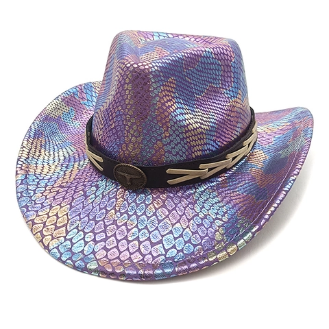Cappello Da Cowboy Western Olografico Pelle Di Serpente Arcobaleno Testa Di Toro Poliestere Tesa Larga Festa