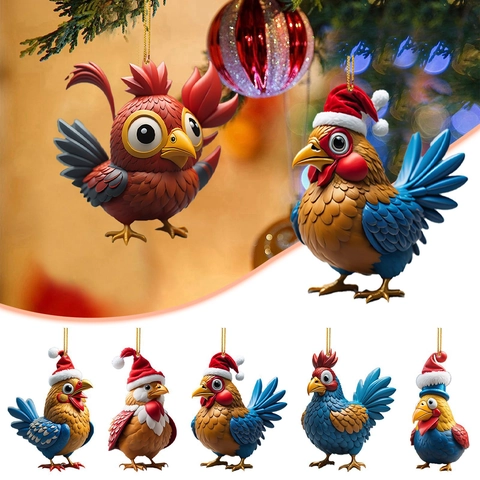 Christmas Rooster Chicken Ornaments Acrylic Cartoon Animal Pendants For Christmas Tree Home Car Decor Holiday Party Gift