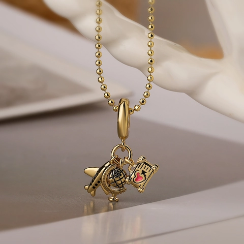 Koperen Vergulde Emaille Reis Hanger Ketting Met Vliegtuig Globe Paspoort Bus Voor Vrouwen Sierlijke Minimalistische Sieraden