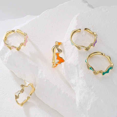 Irregular Wavy Open Ring Copper 18K Gold Plated Colorful Enamel Cubic Zirconia Geometric Adjustable Jewelry For Women