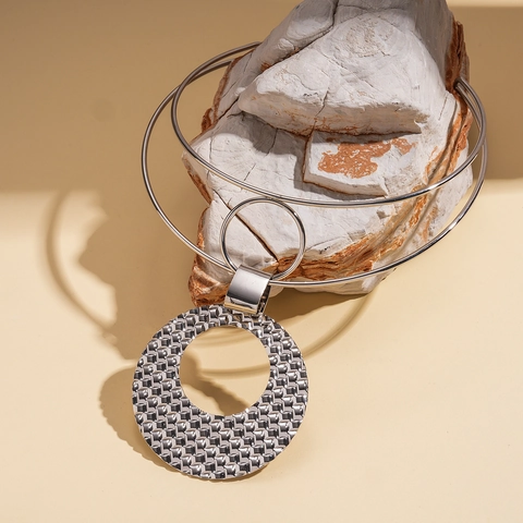 Statement Double Layer Choker Necklace Alloy Hollow Large Round Pendant Woven Texture Geometric Exaggerated Punk For Women