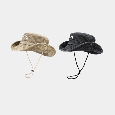 Cappello Da Pescatore In Cotone Lavato Da Donna Ricamo A Onde Vintage Protezione Solare Campeggio All'aperto Con Cordino Regolabile