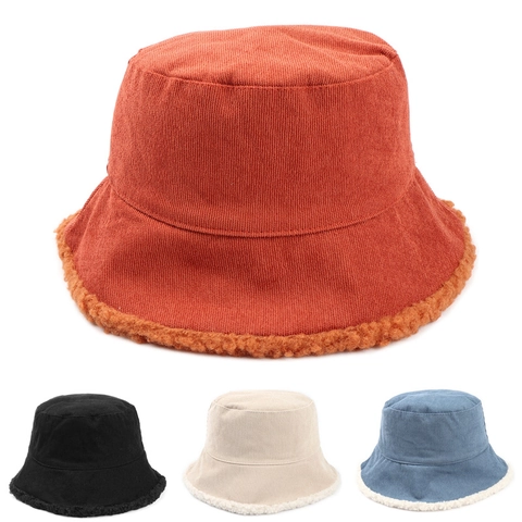 Sombrero De Pescador Corduroy Reversible Lana De Cordero Artificial Grueso Cálido Invierno Color Sólido Estilo Coreano Para Mujeres