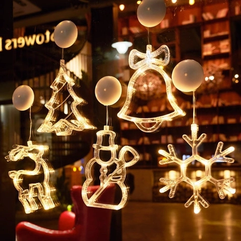 Christmas LED Suction Cup Window Lights Warm White Holiday Decor Santa Snowflake Reindeer Shape Battery Operated Transparent