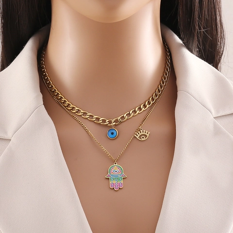 Stainless Steel Hamsa Hand Evil Eye Double Layer Necklace Bracelet And Hoop Earrings Enamel Gold Plated Jewelry