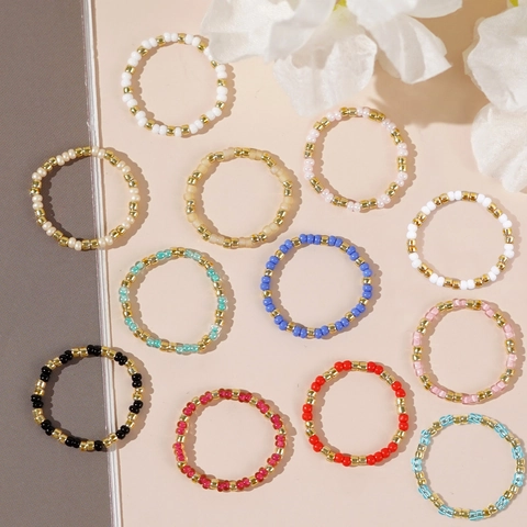 Handmade Beaded Rings Seed Bead Colorful Glass Bead Elastic Stretch Bohemian Minimalist Jewelry For Women