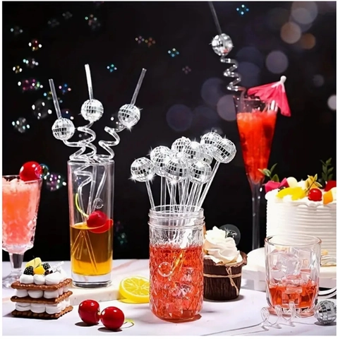 Disco Ball Drink Stirrers And Spiral Straws Mirror Glass Cocktail Agitators Plastic Reusable Party Decorations Sparkly Accessory