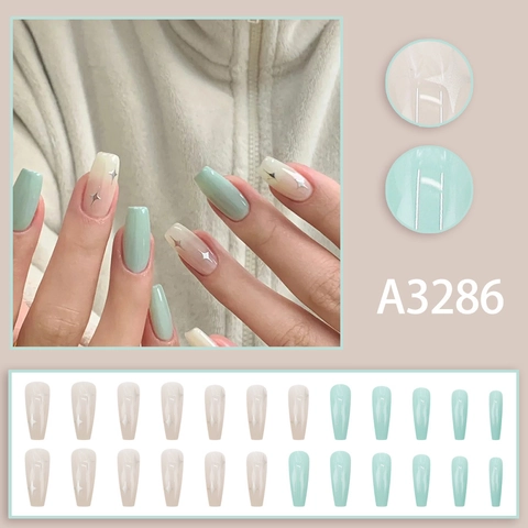 Press On Nails Long Coffin Shape Mint Green Creamy White Gradient Silver Star Glossy Resin Artificial False Nails For Women