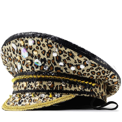 Leopard Print Military Captain Hat With Rhinestones Sequins And Gold Trim For Party Festival Performance Novelty Accessory