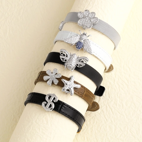 Zirconia Slider Charms Bracelet Stainless Steel Mesh Band Genuine Leather Strap Bee Sea Star Paw Fashion Jewelry