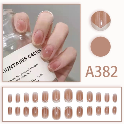 Glossy Press On Nails Gradient Pinkish Brown French V Shape Short Elegant Detachable Artificial Nail Tips
