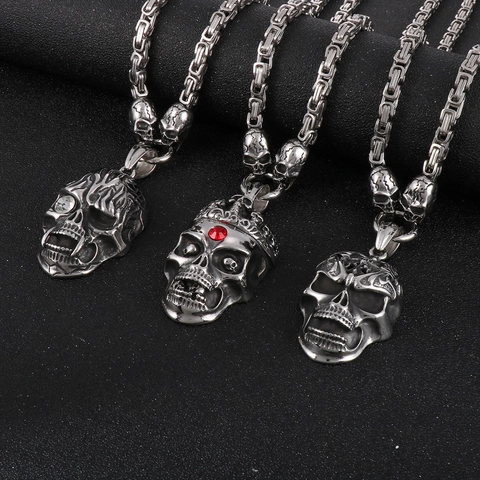 Gothic Totenkopf Anhänger Halskette Edelstahl Punk Hip Hop Königskette Herren Retro Schmuck Mit Strass