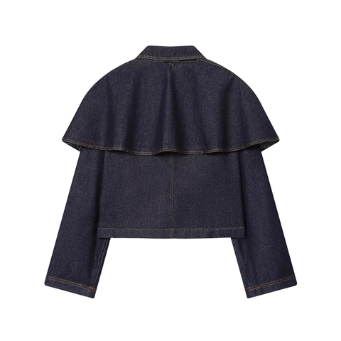 Denim Jacke Damen Cape Design Langarm Knopfleiste Taschen Lässig Mode Vintage Blau Außenbekleidung Oberteil