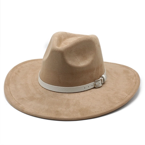 Wide Brim Fedora Hat Suede Texture Vintage Jazz Style With White Leather Belt Metal Buckle Retro Elegant Women Accessory