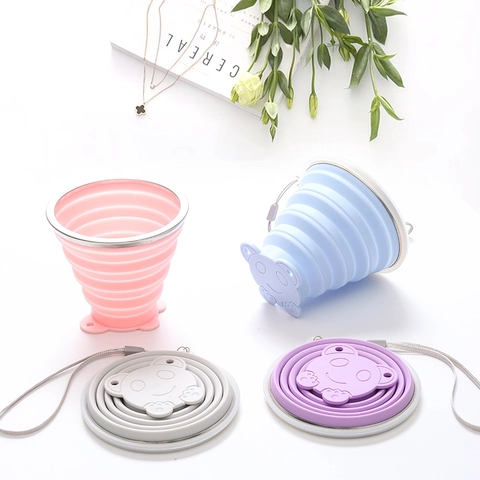 Tazza Da Viaggio Pieghevole In Silicone Alimentare Bicchiere Portatile Con Cordino E Motivo Orso