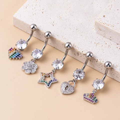 Stainless Steel Belly Button Ring With Colored Zircon Star Heart Crown Lock Pendant Navel Piercing Jewelry For Women