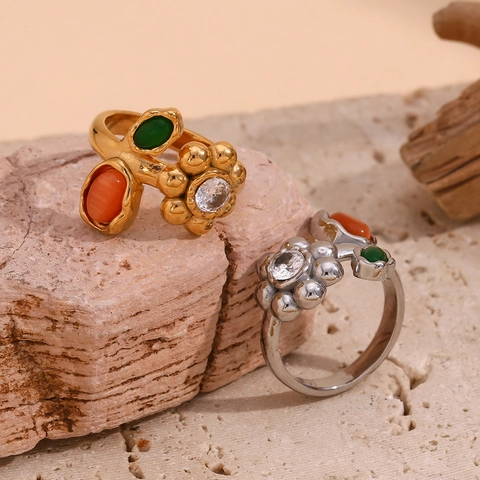 Vintage Flower Finger Ring Stainless Steel 18K Gold Plated Green Orange Gemstone Zircon Floral Jewelry For Women
