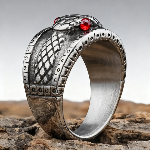 Snake Ring Stainless Steel Gothic Vintage Punk Carved Band Red Rhinestone Eye Jewelry For Men Women