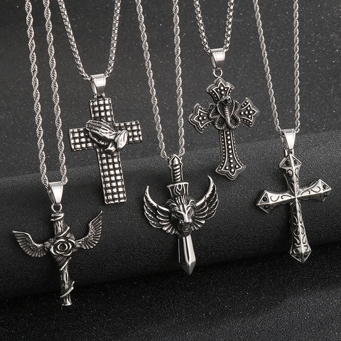 Gothic Lion Head Wings Sword Pendant Necklace Stainless Steel Punk Cross Rose Cobra Jewelry For Men