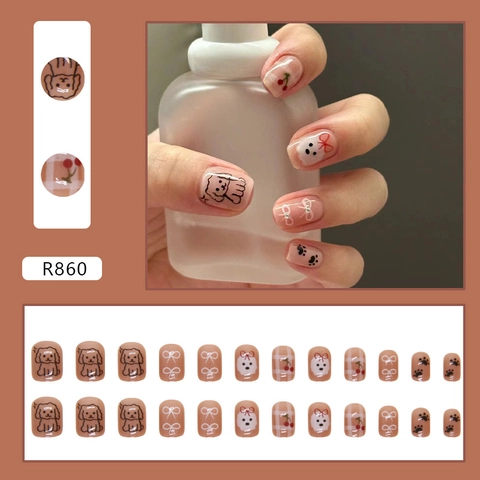 Press On Nails Cartoon Puppy Dog Red Bow Cherry Pattern Cute Sweet Ins Style Glossy Short Square Artificial Finger Nails
