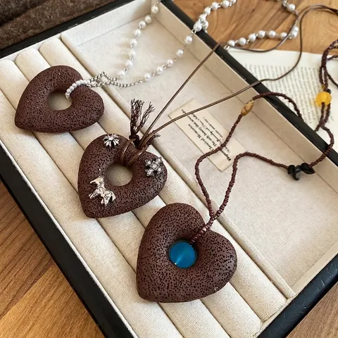 Collana Con Ciondolo A Cuore Retrò Pietra Lavica Con Ciondoli Cavallo E Künstliche Perle Sintetiche Stile Etnico Catena Lunga Gioielli Per Donna