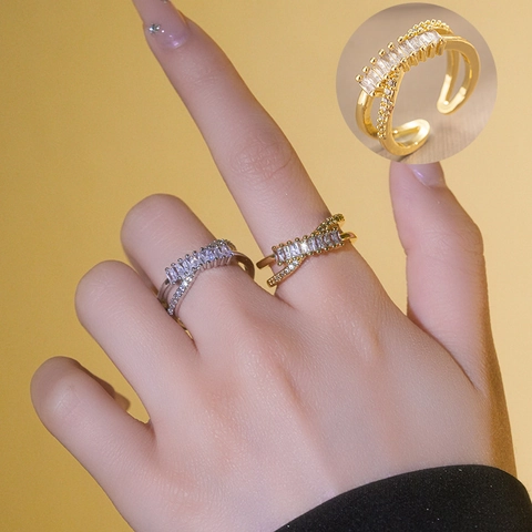 Anillo Abierto de Cruz con Diamantes de Imitación Elegante Francés para Mujer Lujo Cobre Geométrico Ajustable Joyería de Dedo