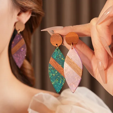 Pendientes Colgantes De Hoja Madera Resina Con Pan De Oro Silver Earring Post Joyería De Moda Retro Para Mujeres