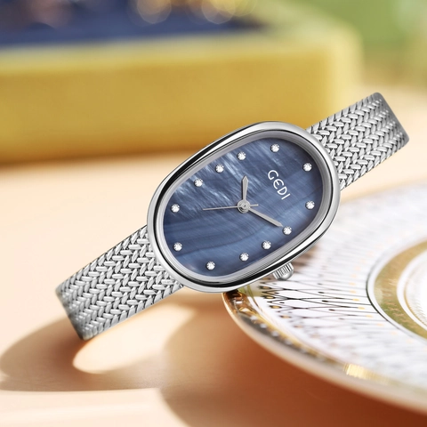 Reloj Cuarzo Para Mujer Ovalado Esfera Nácar Diamante Imitación Elegante Impermeable Correa Malla Aleación Vintage Lujo