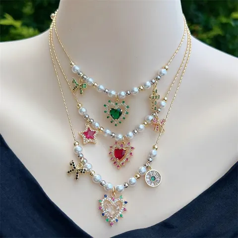 18K Vergulde Koperen Halskette Met Kunstparel Kleurrijke Zirconia Hart Strik Ster Kruis Hanger Mode Sieraden