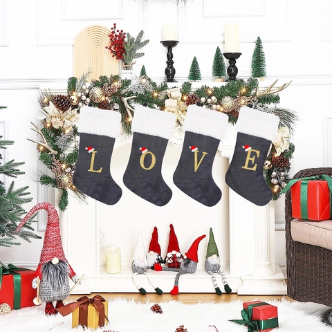 Calza Di Natale Lettera Alfabeto Glitter Dorato Velluto Grigio Polsino Peluche Bianco Decorazione Sospesa Sacchetto Regalo