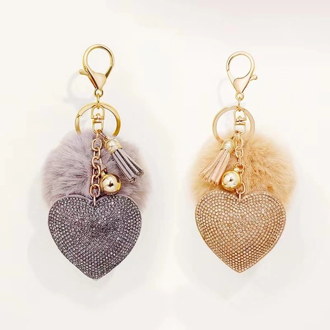 Portachiavi A Cuore Con Strass Pompon In Pelliccia Sintetica Ciondolo Per Borsa Con Nappa Lega Luccicante