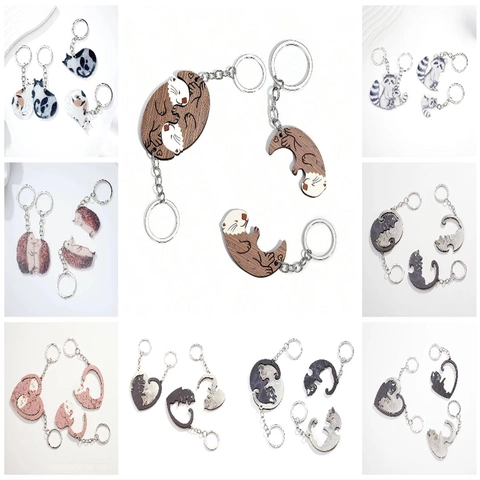 Wooden Acrylic Animal Couple Keychain Otter Cat Hedgehog Raccoon Pendant Valentine's Day Gift For Lovers Friends Key Ring