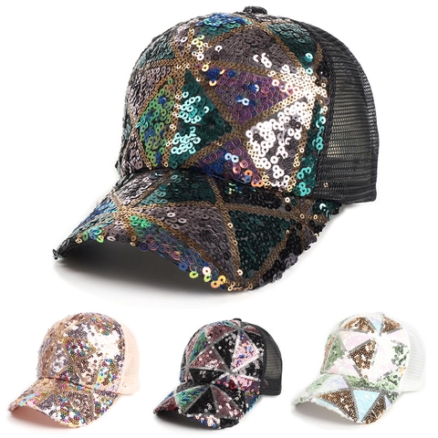 Sequin Baseball Cap Breathable Mesh Back Geometric Pattern Adjustable Fashion Trucker Hat For Women Men