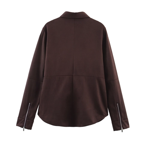 Women Faux Suede Blouse Shirt Long Sleeve Lapel Zip Cuffs Casual Solid Color Fashion Chic Autumn Top