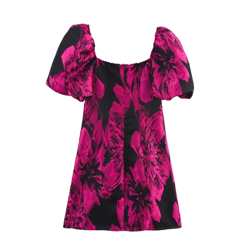 Florale Mini Jurk Dames Vierkante Hals Pofmouwen Hoge Taille Jacquard Polyester Elegant Retro A-Lijn Kort