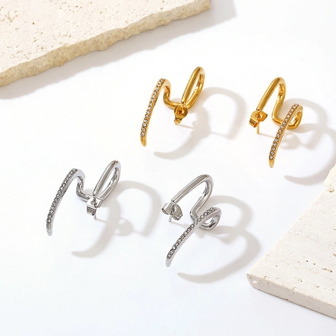Irregular Geometric Curved Stud Earrings For Women Stainless Steel Rhinestone Inlaid Fashion Twisted Jewelry Luxury