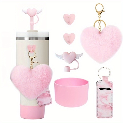 Heart Plush Keychain Silicone Cup Boot Straw Cover Lip Balm Holder Marble Pattern Pink Purple Tumbler Decoration Accessory