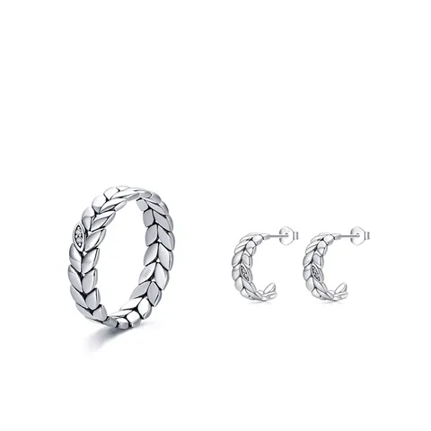 Anillo Y Pendientes De Aro De Plata De Ley 925 Con Diseño De Hoja Trigo E Incrustación De Micro Zircón Estilo Minimalista