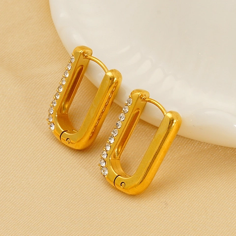 Orecchini Huggie Rettangolari In Acciaio Inossidabile Placcato Oro 18K Con Strass Geometrici A Forma Di U Gioielli Per Donna