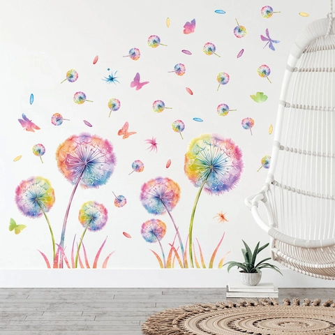 Frühling Aquarell Löwenzahn Schmetterling Wandtattoo PVC Abnehmbare Blumen Wandaufkleber Für Wohnzimmer Schlafzimmer Deko