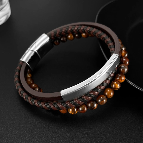 Herren Mehrlagiges Armband Mit Tigerauge Stein Perlen Geflochtenes Leder Und Edelstahl Verschluss Retro Street Fashion