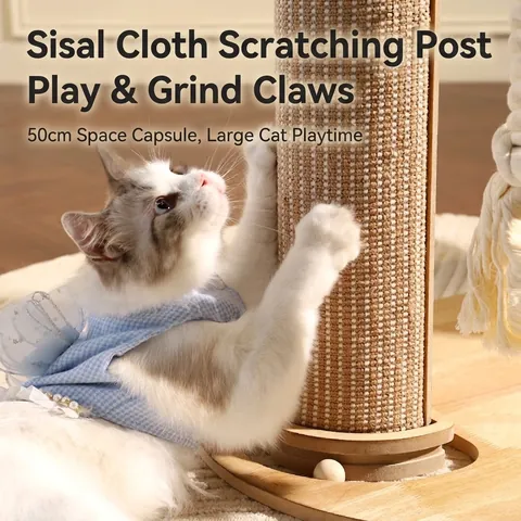 Multi-Level Wood Cat Tree With Transparent Acrylic Space Capsule Sisal Scratching Post And Hanging Interactive Ball Toys