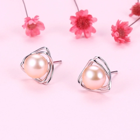 Orecchini A Lobo Cavi A Triangolo Geometrico Con Perla de Agua Dulce Naturale D'Acqua Dolce E Perno In Argento Sterling 925 Gioielli