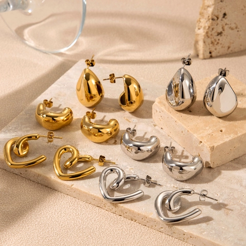 Stainless Steel Earrings Heart Teardrop C-Shape Polished Metallic Lightweight Luxury Jewelry For Women Minimalist Fashion
